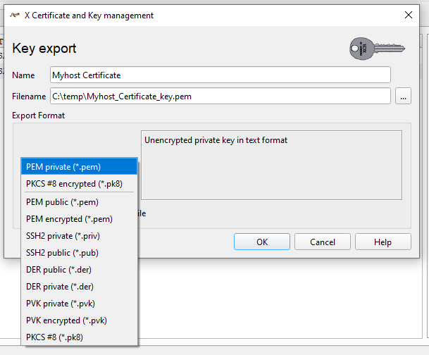 XCA key export dialog