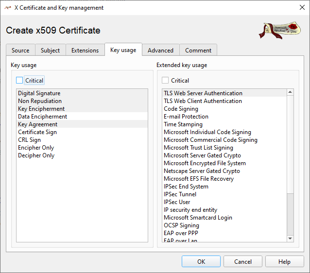 Host certificate key usage tab