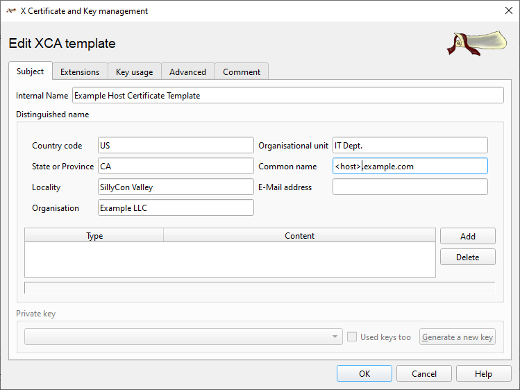 Certificate template Subject tab