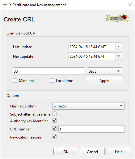 XCA CRL generation diallog